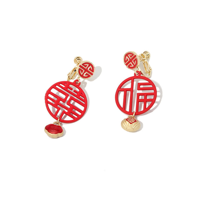 Red New Year Earrings Spring Festival Sterling Silver Stud Earrings