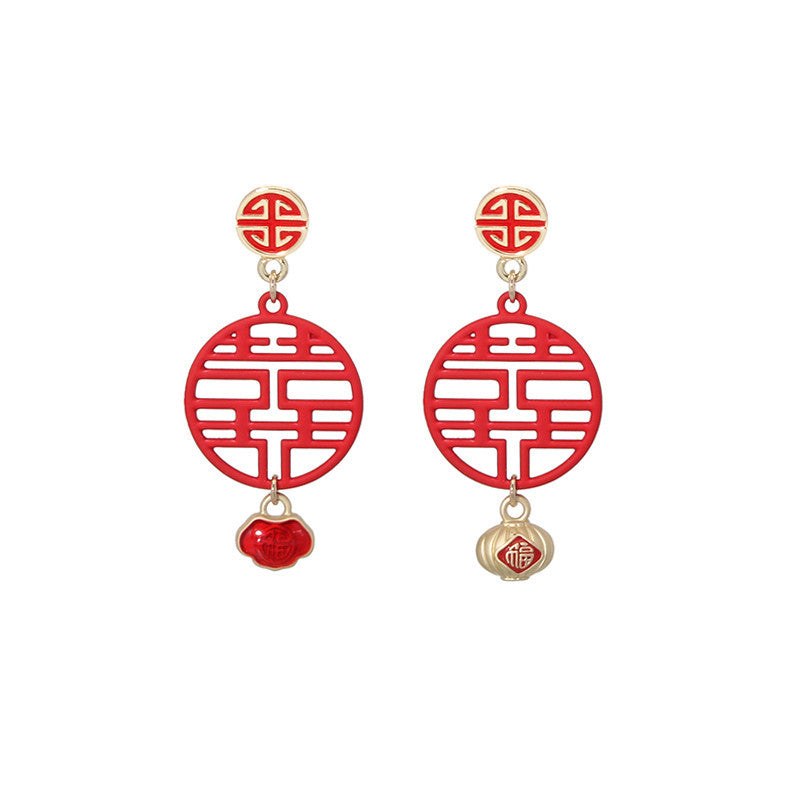 Red New Year Earrings Spring Festival Sterling Silver Stud Earrings