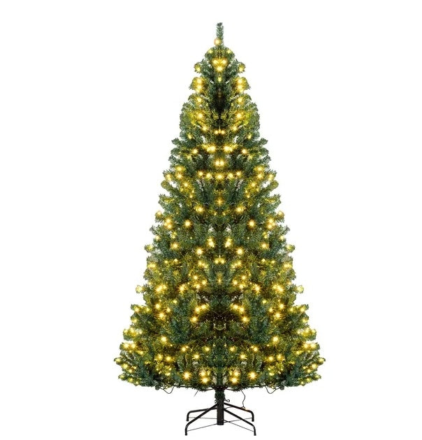 HOMCOM 7.5' Tall Prelit Christmas Tree Douglas Fir Artificial Christmas Tree With Realistic Branches, 500 Warm White LED Lights And 1346 Tips, Green