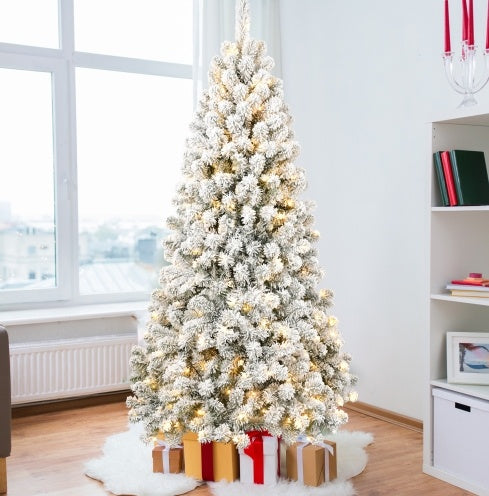 6FT Pre-lit Flocked Christmas Tree With 760 Memory Wire Tips Effortlessly Fluffed, Perfectly Shaped, And Lit With 300 Warm Incandescent Lights Bringing Lasting Elegance And Wase To Your Holiday