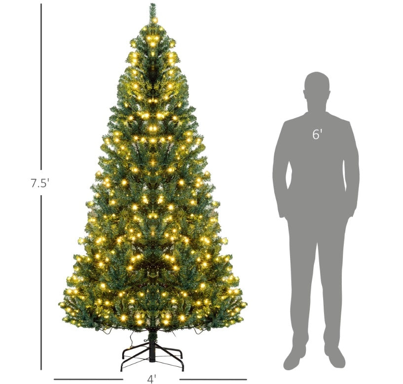 HOMCOM 7.5' Tall Prelit Christmas Tree Douglas Fir Artificial Christmas Tree With Realistic Branches, 500 Warm White LED Lights And 1346 Tips, Green