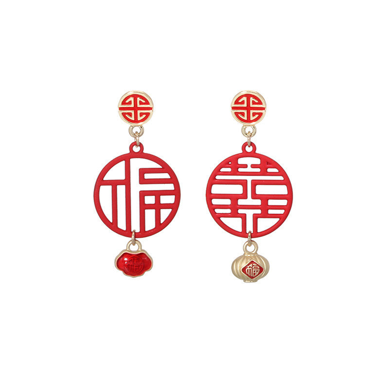 Red New Year Earrings Spring Festival Sterling Silver Stud Earrings