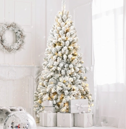 6FT Pre-lit Flocked Christmas Tree With 760 Memory Wire Tips Effortlessly Fluffed, Perfectly Shaped, And Lit With 300 Warm Incandescent Lights Bringing Lasting Elegance And Wase To Your Holiday