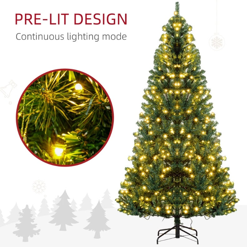 HOMCOM 7.5' Tall Prelit Christmas Tree Douglas Fir Artificial Christmas Tree With Realistic Branches, 500 Warm White LED Lights And 1346 Tips, Green