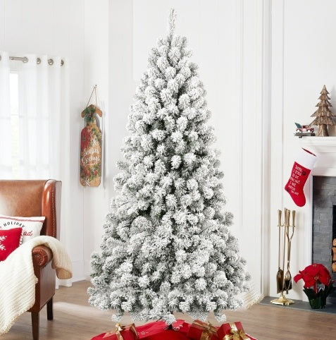 6FT Pre-lit Flocked Christmas Tree With 760 Memory Wire Tips Effortlessly Fluffed, Perfectly Shaped, And Lit With 300 Warm Incandescent Lights Bringing Lasting Elegance And Wase To Your Holiday