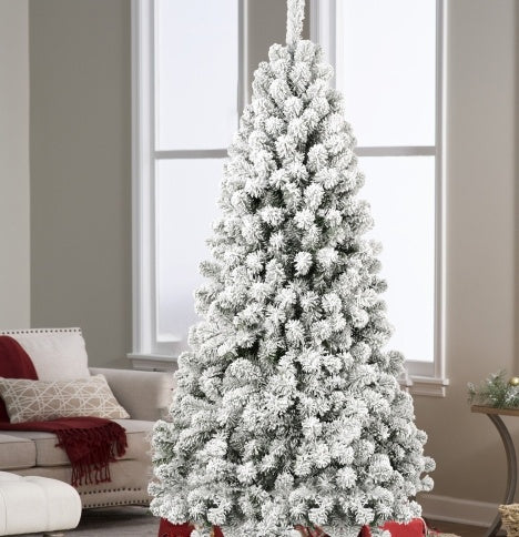 6FT Pre-lit Flocked Christmas Tree With 760 Memory Wire Tips Effortlessly Fluffed, Perfectly Shaped, And Lit With 300 Warm Incandescent Lights Bringing Lasting Elegance And Wase To Your Holiday