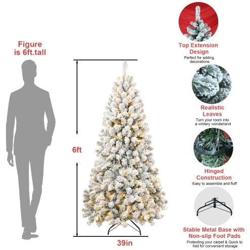 6FT Pre-lit Flocked Christmas Tree With 760 Memory Wire Tips Effortlessly Fluffed, Perfectly Shaped, And Lit With 300 Warm Incandescent Lights Bringing Lasting Elegance And Wase To Your Holiday